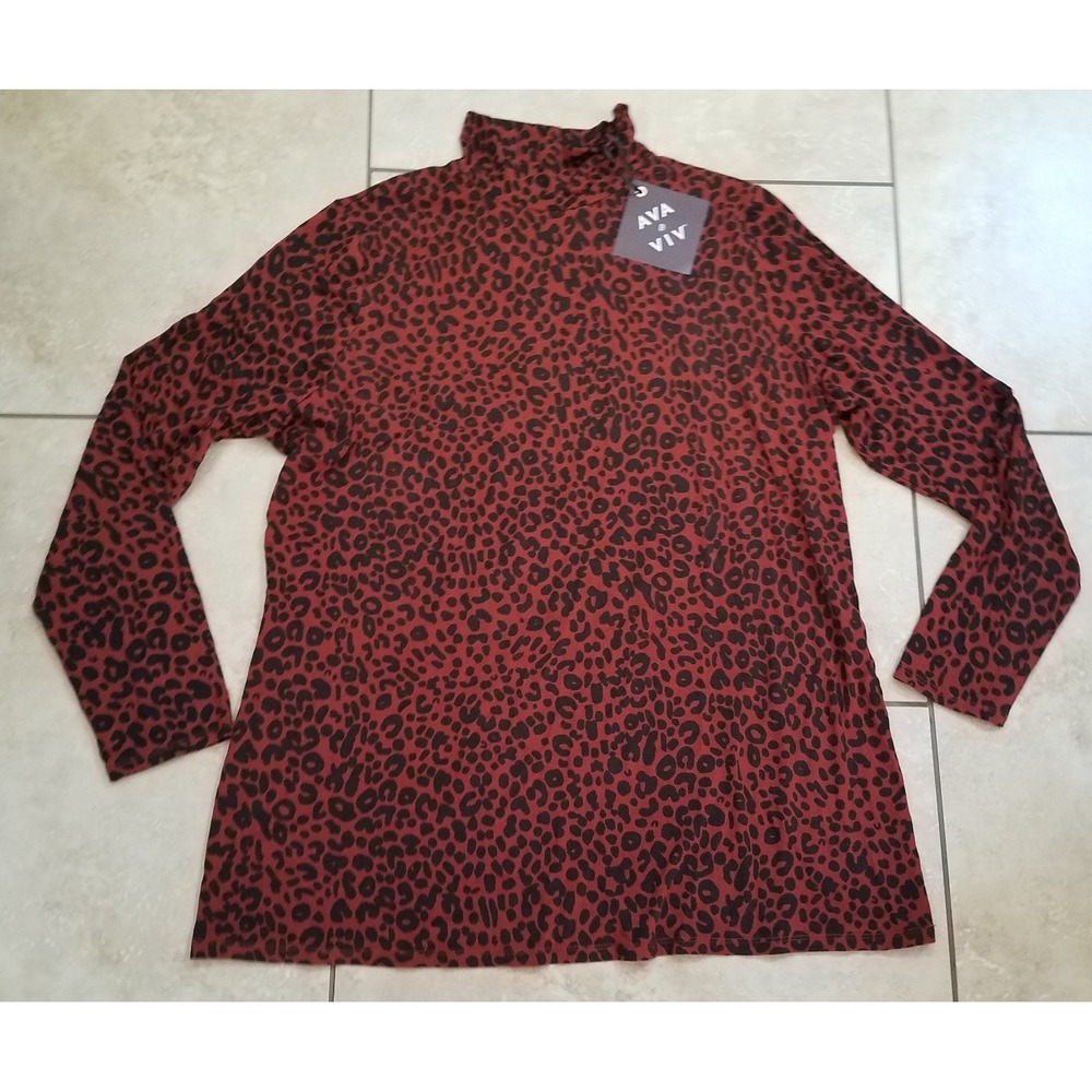 AVA & VIV Top XXL Animal Print Long Sleeve Mock Turtleneck Shirt Blouse Fall NEW